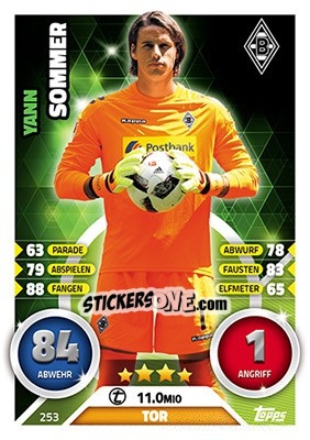 Figurina Yann Sommer - German Fussball Bundesliga 2016-2017. Match Attax n. 253 - Topps