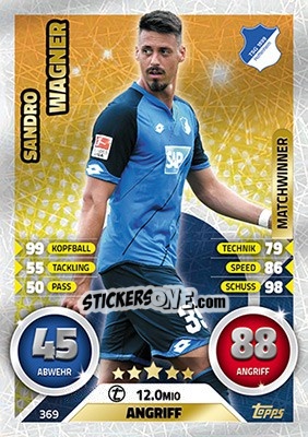 Sticker Sandro Wagner - German Fussball Bundesliga 2016-2017. Match Attax n. 369 - Topps