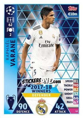 Figurina Raphaël Varane - UEFA Champions League 2018-2019. Match Attax n. 43 - Topps