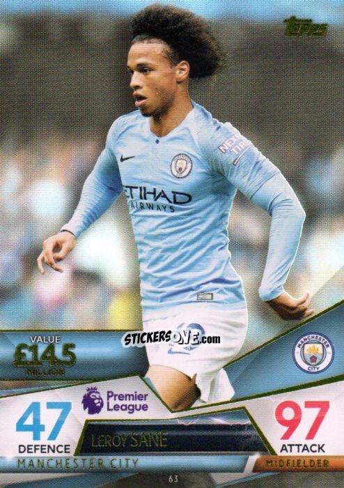 Figurina Leroy Sane - English Premier League 2018-2019. Match Attax Ultimate n. 63 - Topps