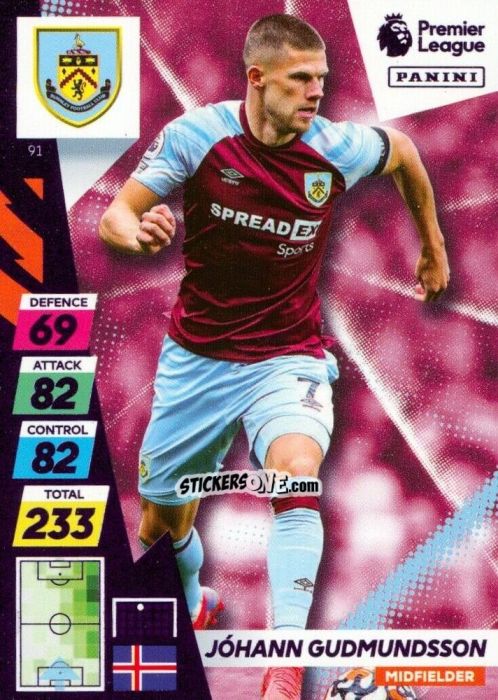Cromo Jóhann Gudmundsson - English Premier League 2021-2022. Adrenalyn XL Plus n. 91 - Panini