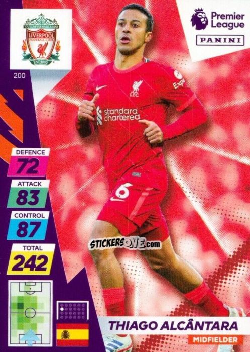 Figurina Thiago Alcantara - English Premier League 2021-2022. Adrenalyn XL Plus n. 200 - Panini