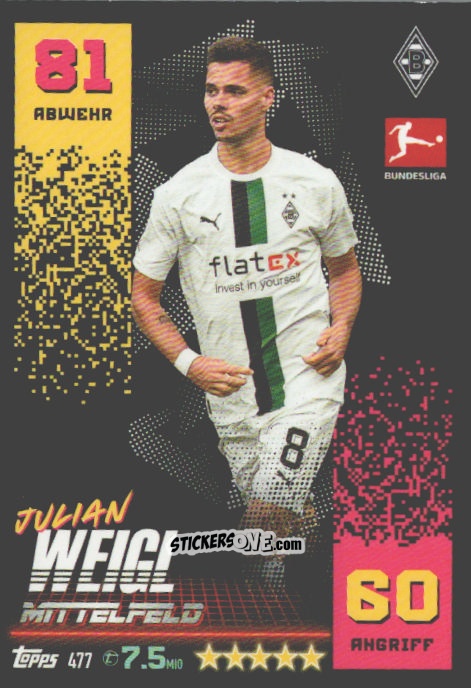 Sticker Julian Weigl - German Fussball Bundesliga 2022-2023. Match Attax n. 477 - Topps