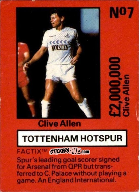 Cromo Clive Allen - Emlyn Hughes' Team Tactix 1987
 n. TH7 - BOSS LEISURE
