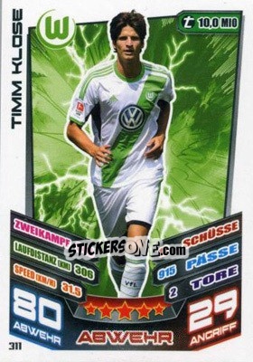 Cromo Timm Klose - German Fussball Bundesliga 2013-2014. Match Attax n. 311 - Topps