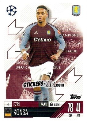 Figurina Ezri Konsa - Uefa Champions League & Europa League 2024-2025. Match Attax n. 4 - Topps