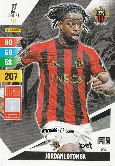 Figurina Jordan Lotomba - Ligue 1 2024-2025. Adrenalyn XL n. 204 - Panini