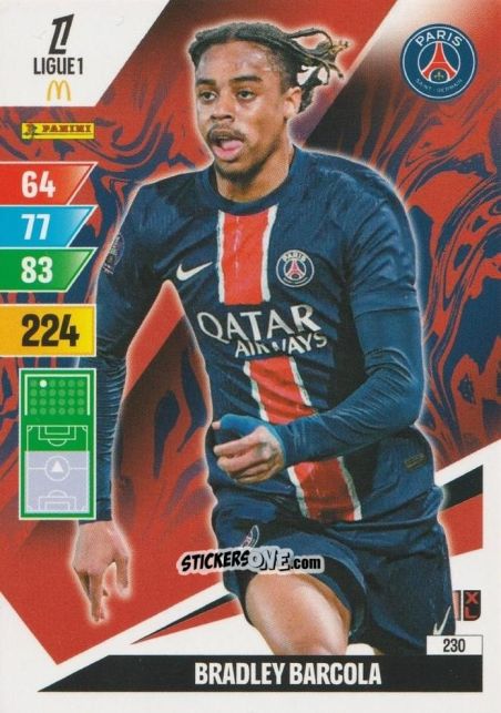 Figurina Bradley Barcola - Ligue 1 2024-2025. Adrenalyn XL n. 230 - Panini