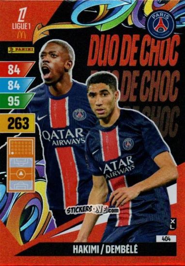Figurina Hakimi / Dembelé - Ligue 1 2024-2025. Adrenalyn XL n. 404 - Panini