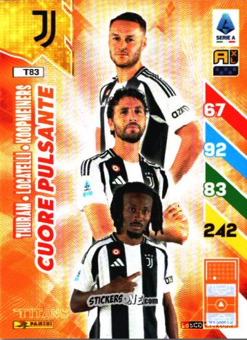 Cromo Khéphren Thuram / Manuel Locatelli / Teun Koopmeiners - Calciatori 2024-2025. Adrenalyn XL TITANS
 n. T83 - Panini