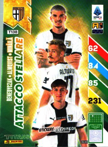 Figurina Adrian Benedyczak / Pontus Almqvist / Valentin Mihăilă - Calciatori 2024-2025. Adrenalyn XL TITANS
 n. T138 - Panini