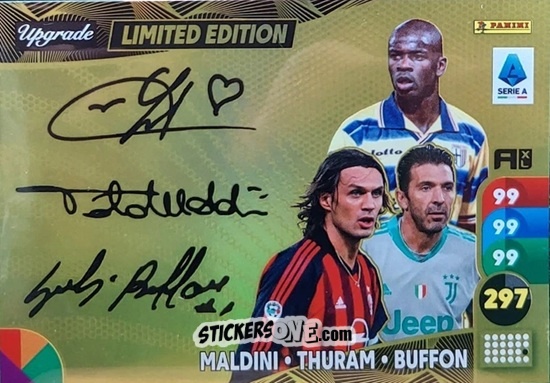 Figurina Lilian Thuram / Paolo Maldini / Gigi Buffon - Calciatori 2025-2026. Adrenalyn Xl n. UPL - Panini