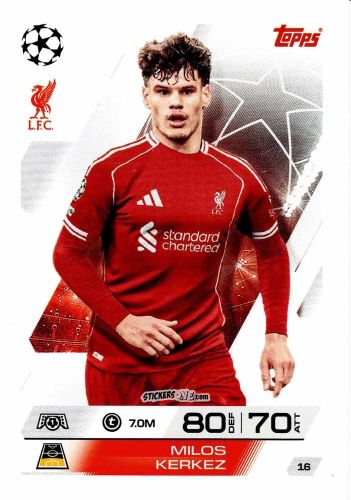 Figurina Milos Kerkez - UEFA Champions League & Europa League 2025-2026. Match Attax
 n. 16 - Topps