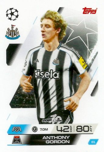 Sticker Anthony Gordon - UEFA Champions League & Europa League 2025-2026. Match Attax
 n. 81 - Topps