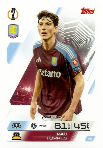 Sticker Pau Torres - UEFA Champions League & Europa League 2025-2026. Match Attax
 n. 85 - Topps