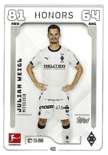Cromo Julian Weigl - German Fussball Bundesliga 2025-2026. Match Attax n. 403 - Topps
