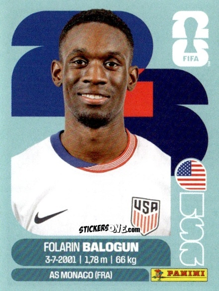 Figurina Folarin Balogun - Fifa World Cup 2026. Standard Edition n. USA20 - Panini