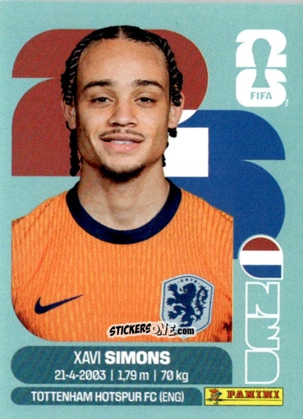 Figurina Xavi Simons - Fifa World Cup 2026. Standard Edition n. NED15 - Panini