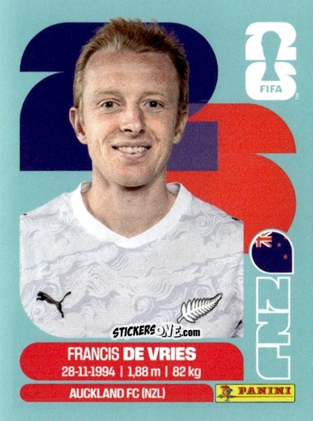 Figurina Francis de Vries - Fifa World Cup 2026. Standard Edition n. NZL8 - Panini