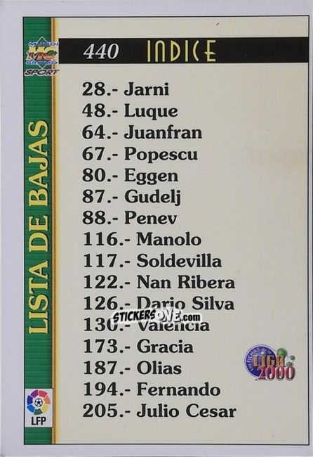 Cromo Indice - Las Fichas De La Liga 1999-2000 n. 440 - Mundicromo