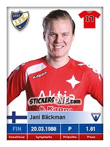 Sticker Jani Bäckman - Veikkausliiga 2016 n. 191 - Carouzel