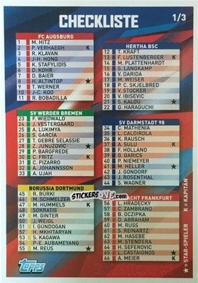 Cromo Checklist 1 - Bundesliga Chrome 2015-2016 n. CL1 - Topps