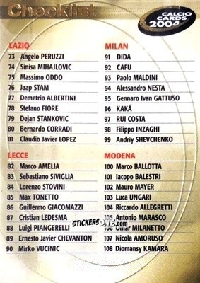 Figurina Checklist 2 - Calcio Cards 2003-2004 n. CL2 - Panini